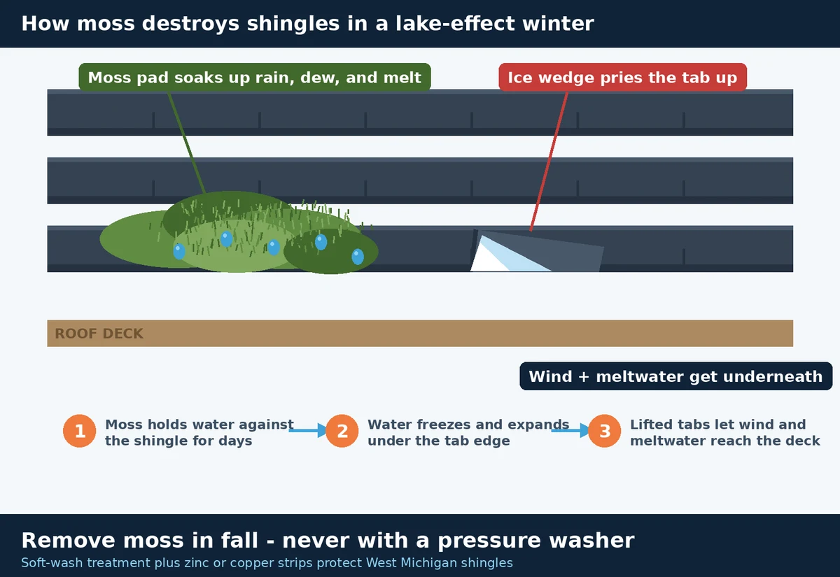Diagram of moss on asphalt shingles holding water that freezes into an ice wedge, lifting the shingle tab and letting wind and meltwater underneath