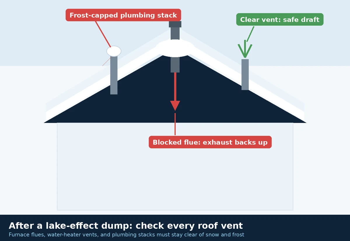 Diagram of a snow-covered Grand Rapids roof showing a frost-capped plumbing stack, a snow-blocked furnace flue backing exhaust up, and a clear vent drafting safely