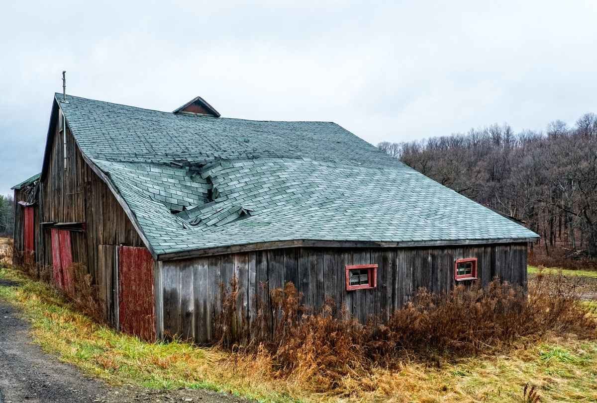Wind-damaged shingle roof showing storm impact during West Michigan